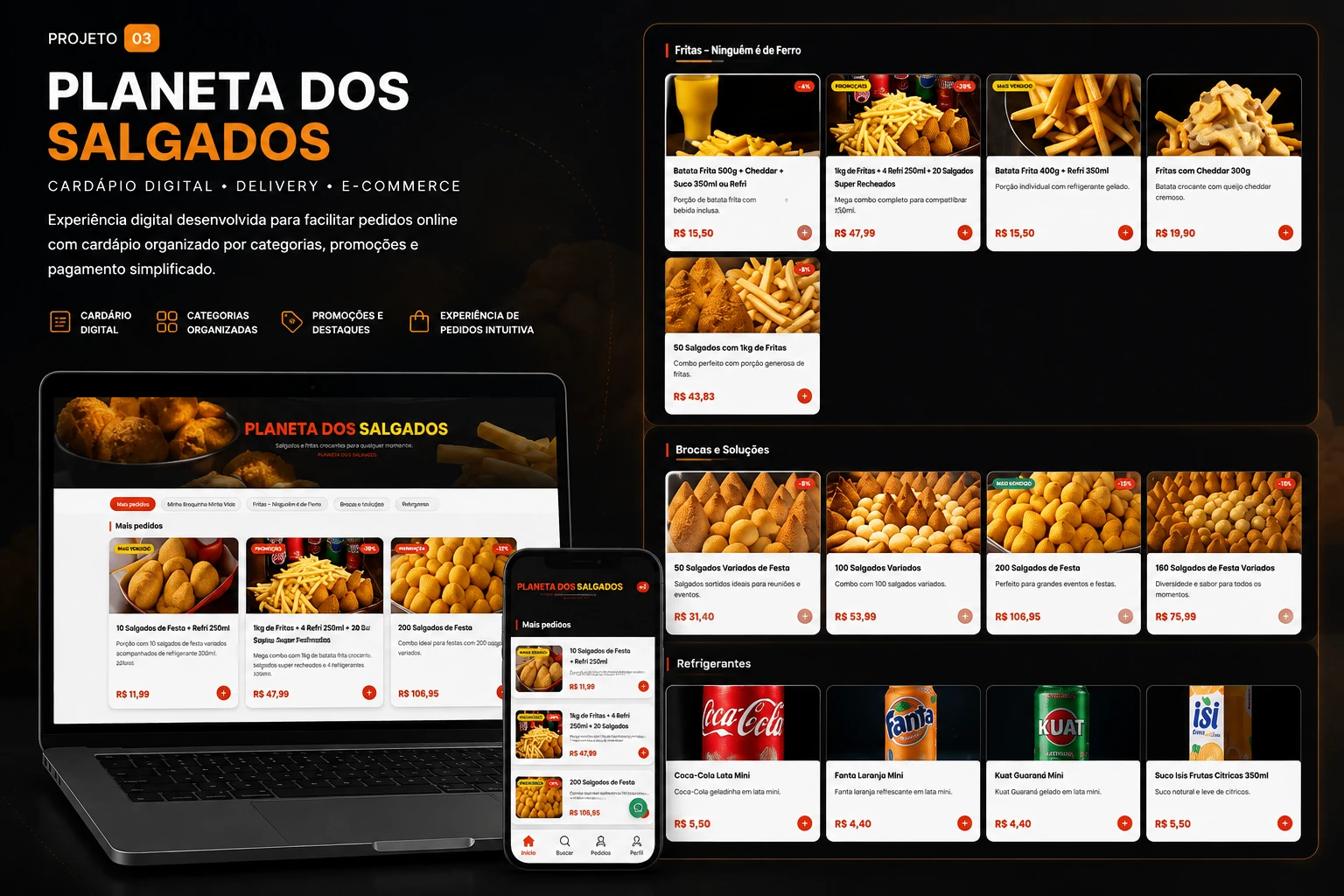 Cardápio digital do Planeta dos Salgados desenvolvido pela JGomes Digital