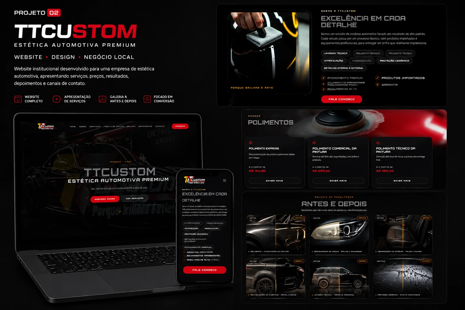 Website da TTCUSTOM Estética Automotiva desenvolvido pela JGomes Digital
